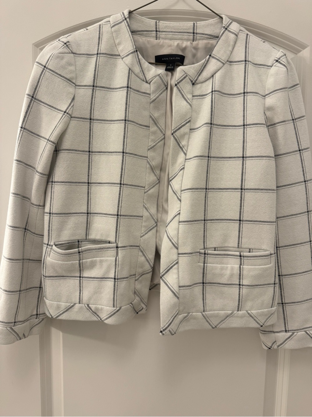 Ann Taylor Ivory Windowpane Collarless Blazer